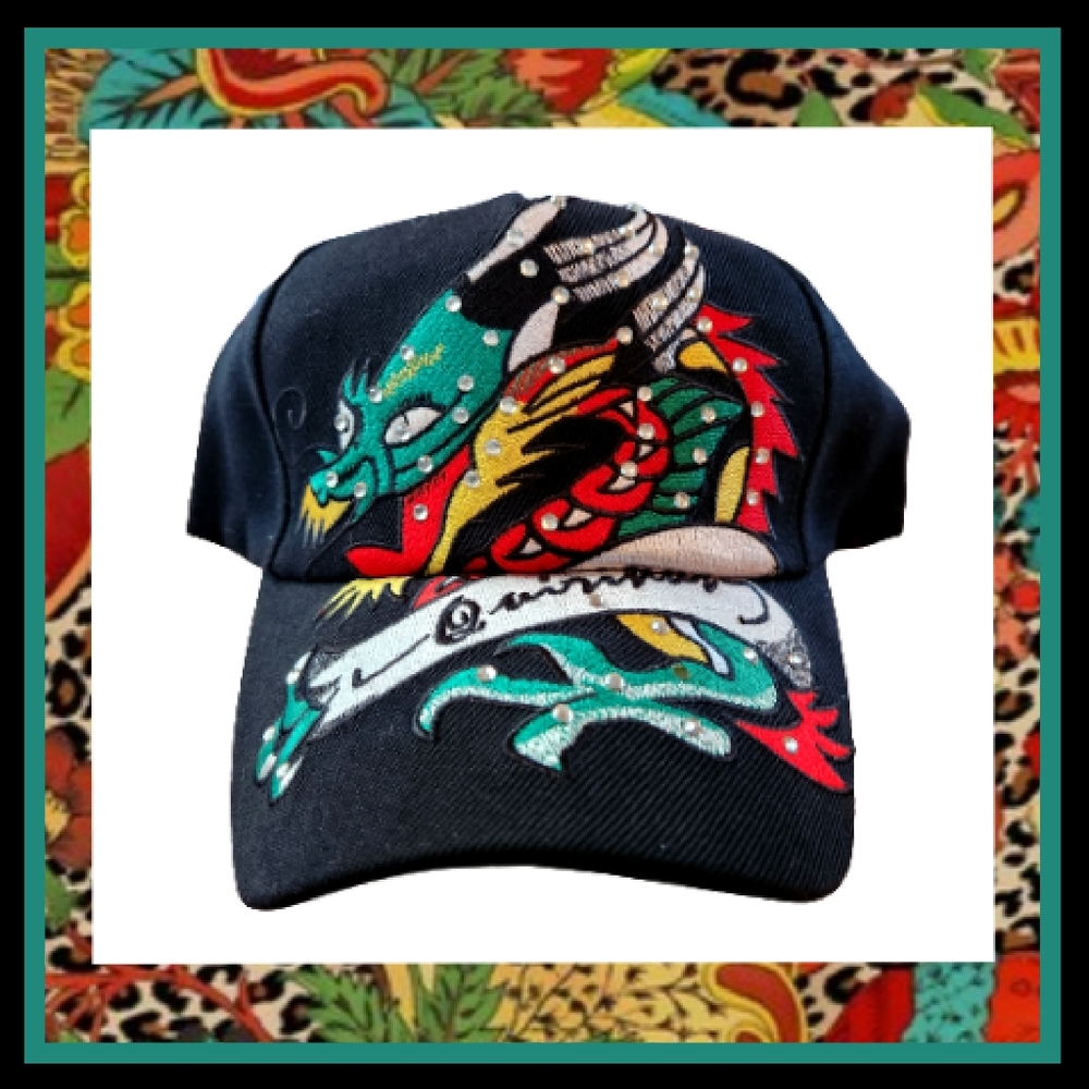 DRAGON ☆ EMBROIDERED ☆ RHINESTONE ACCENT ☆ BLACK VELCRO TAB BACK CAP ☆ N…